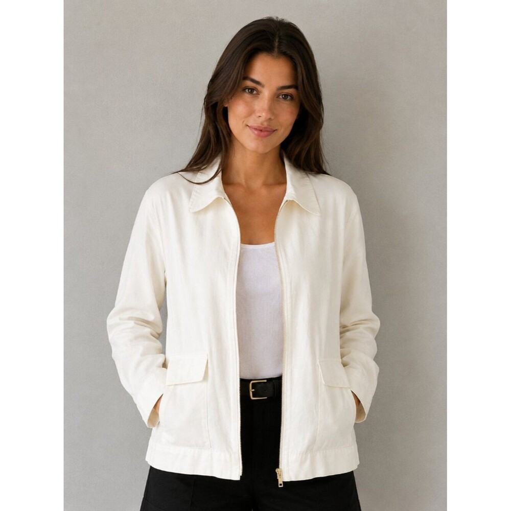 Linda Allard Ellen Tracy Linen Blend Jacket White Minimalist Zip Front PL Y2K